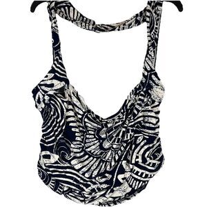 NWOT ANTHROPOLOGIE HALTER TOP XL NAVY BLUE FLORAL CROPPED CROP IKAT TANK CREAM